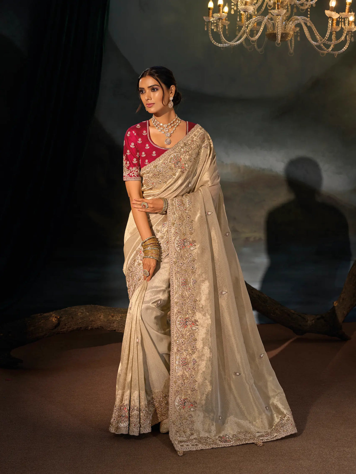 Almond Beige Silk Heavy Embroidery Saree