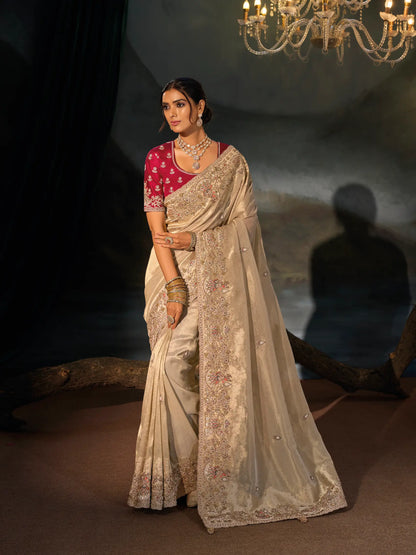 Almond Beige Silk Heavy Embroidery Saree
