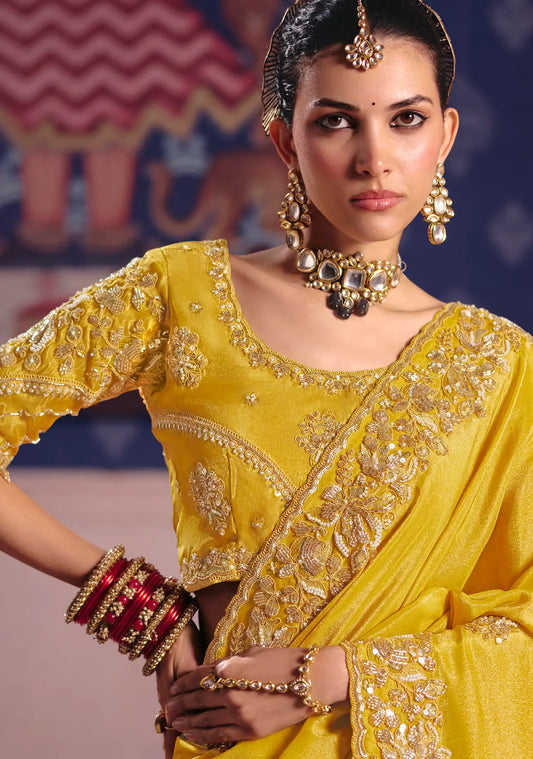 Deep Yellow Silk Heavy Embroidered Saree