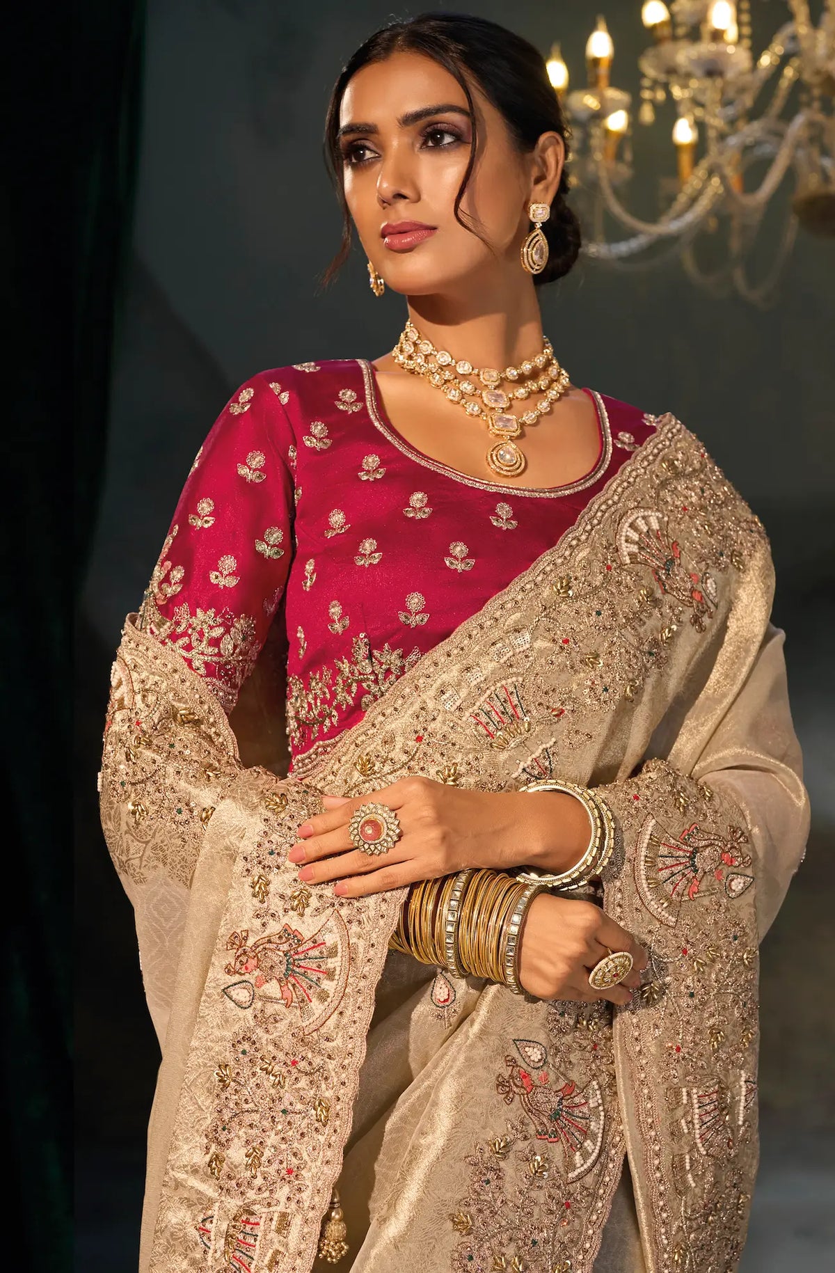 Almond Beige Silk Heavy Embroidery Saree