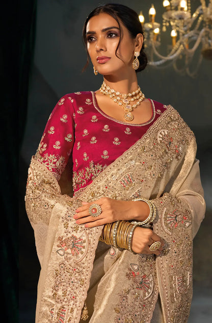 Almond Beige Silk Heavy Embroidery Saree