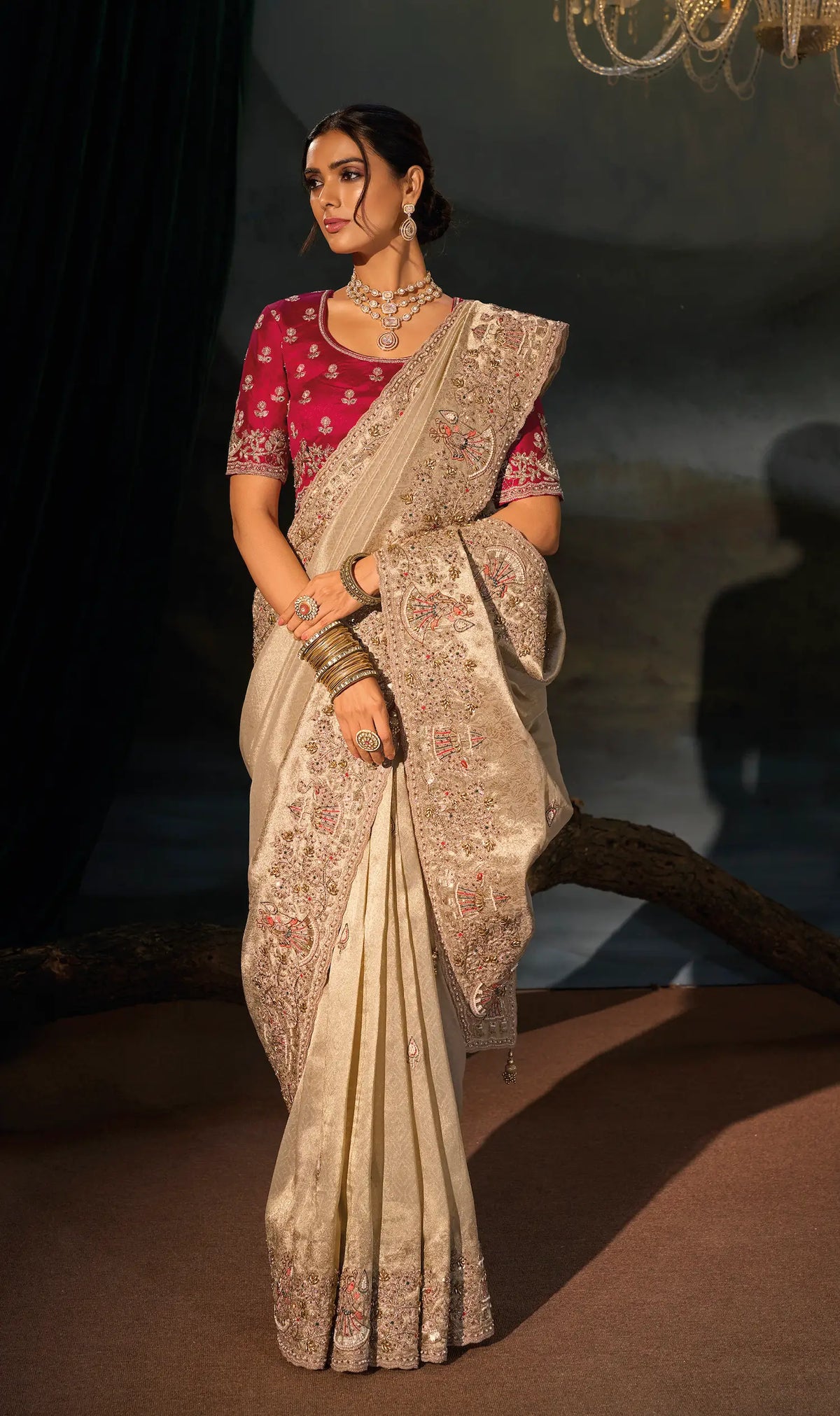 Almond Beige Silk Heavy Embroidery Saree