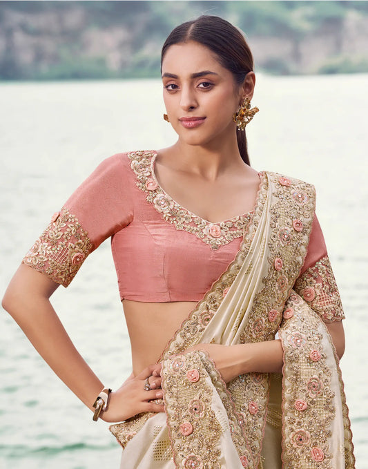 Ivory Gold Silk Heavy Embroidery & Hand Work Saree