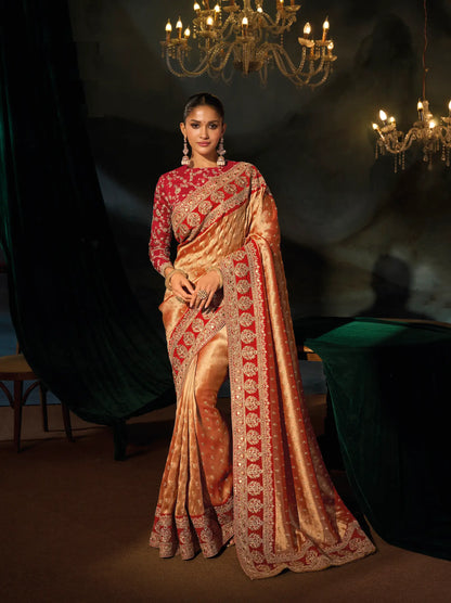 Rust Orange Heavy Embroidery Saree