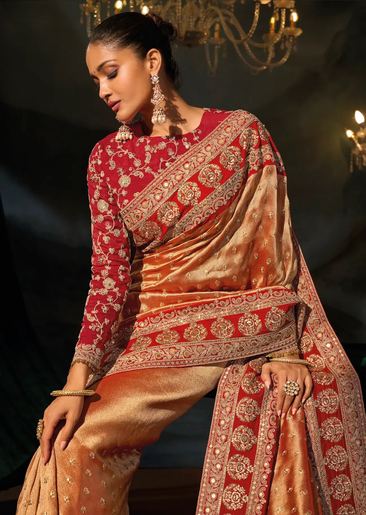 Rust Orange Heavy Embroidery Saree