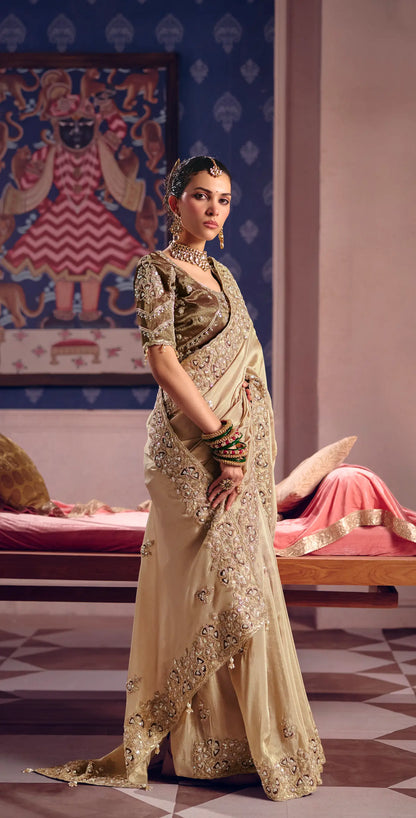 Golden Beige Silk Heavy Embroidered Saree