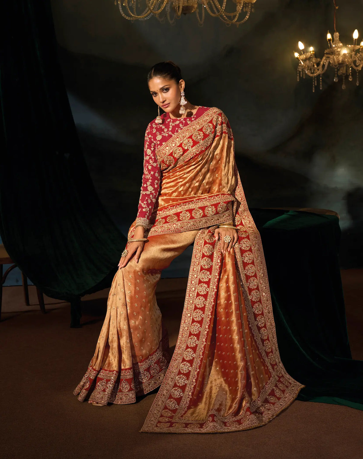 Rust Orange Heavy Embroidery Saree