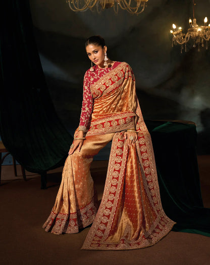 Rust Orange Heavy Embroidery Saree