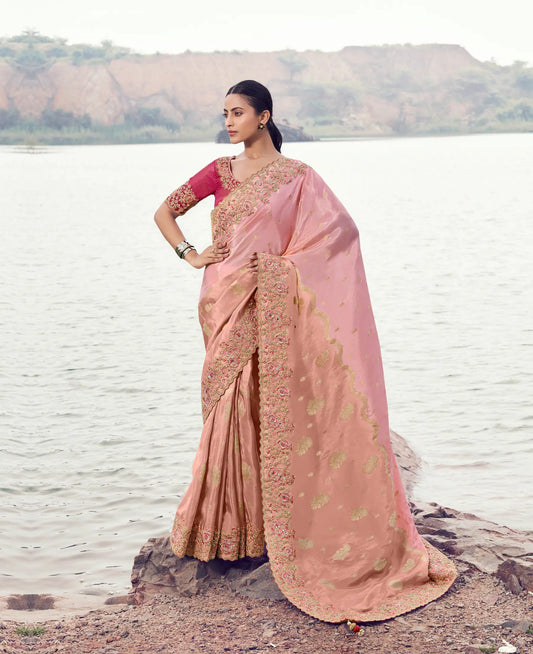 Blossom Pink Silk Heavy Embroidery & Hand Work Saree