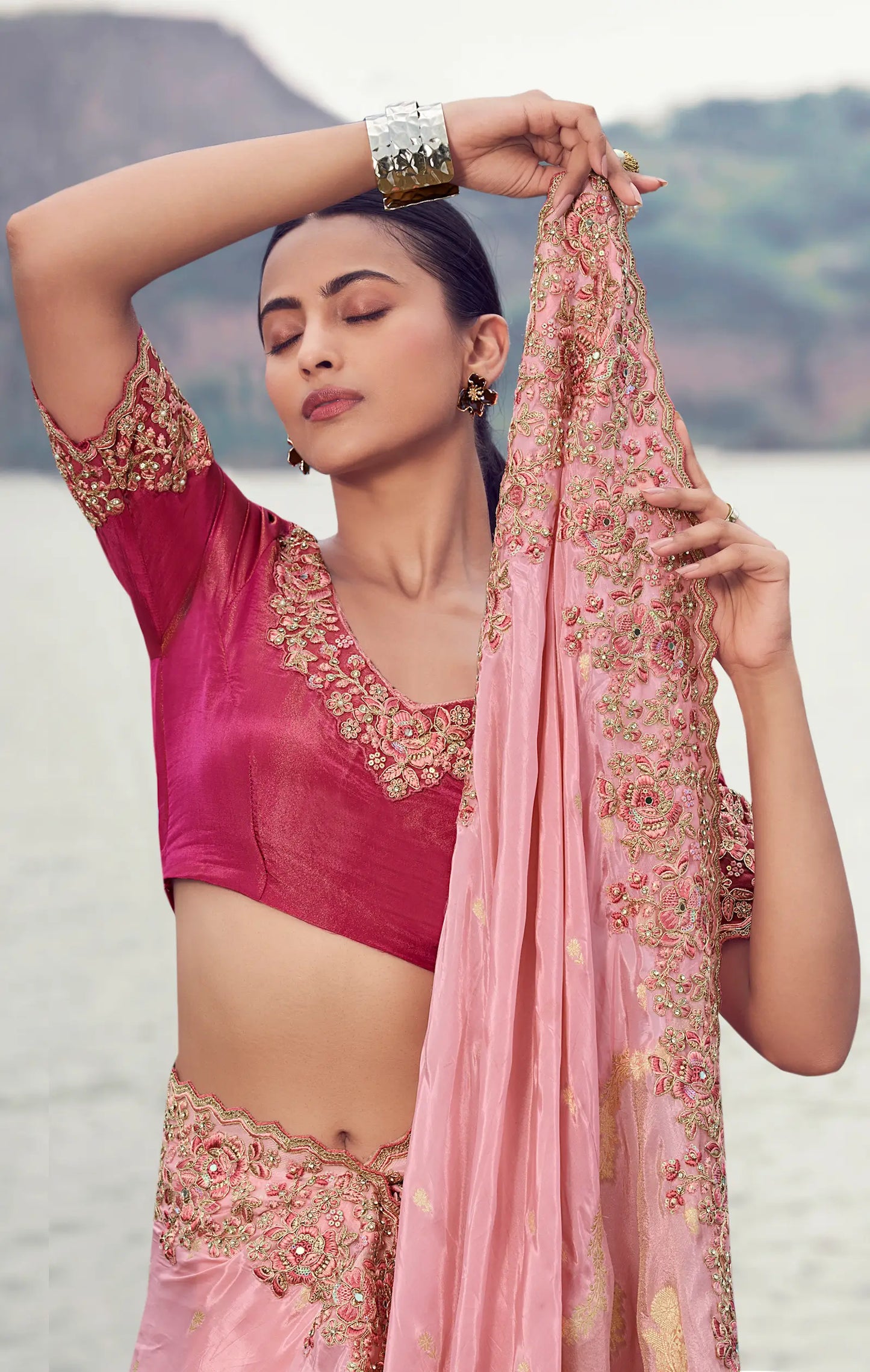 Blossom Pink Silk Heavy Embroidery & Hand Work Saree