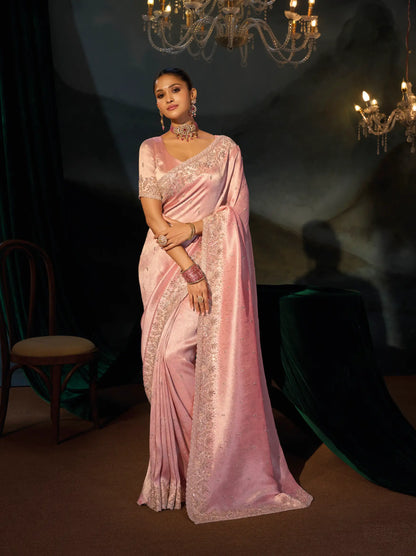 Blossom Pink Silk Heavy Embroidery Saree