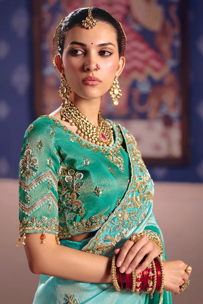 Shaded Green Silk Heavy Embroidered Saree
