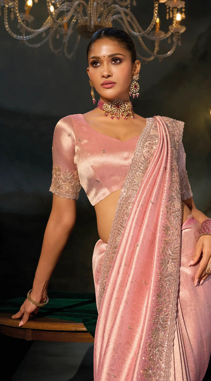 Blossom Pink Silk Heavy Embroidery Saree