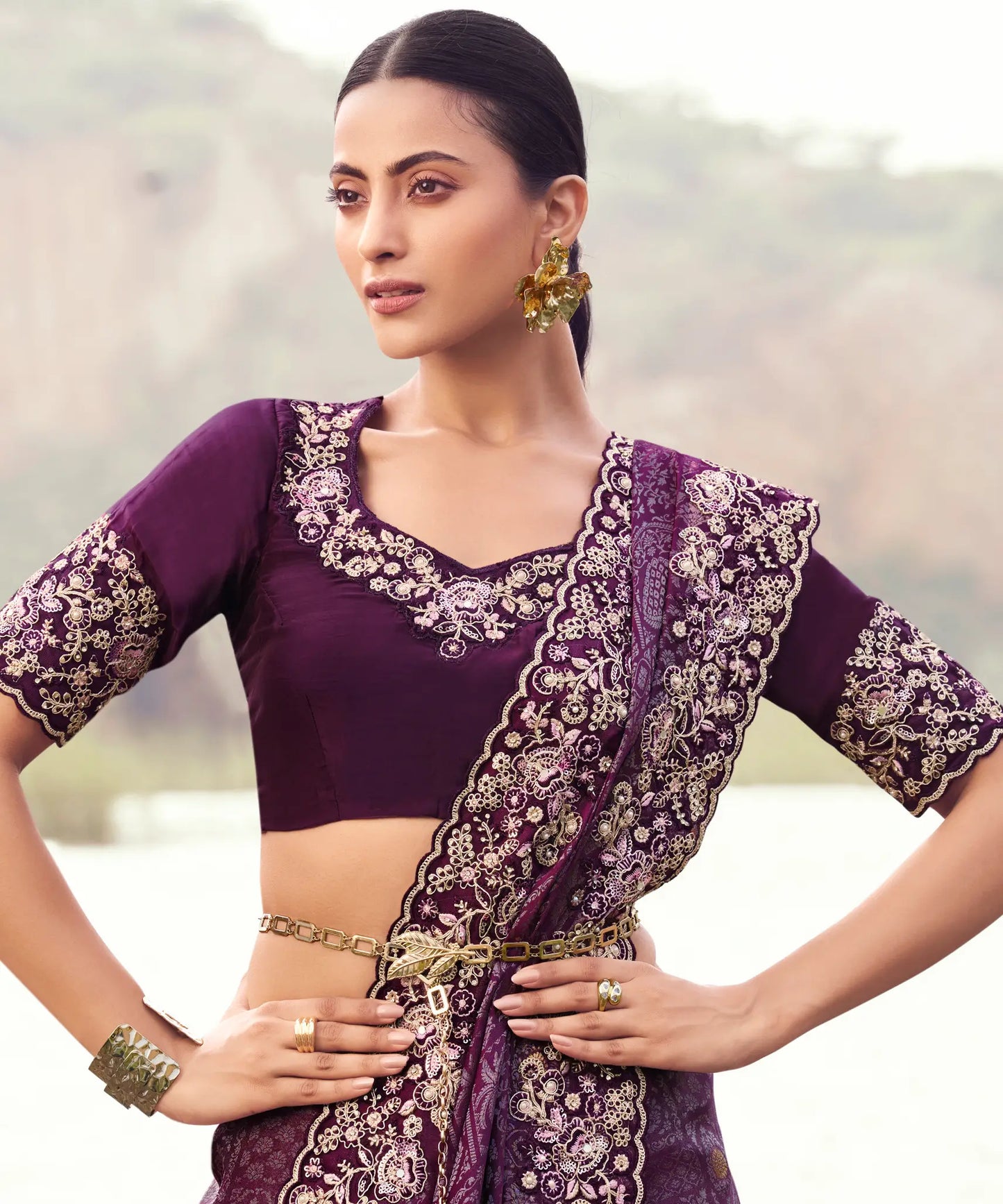 Wine Berry Silk Heavy Embroidery & Hand Work Saree