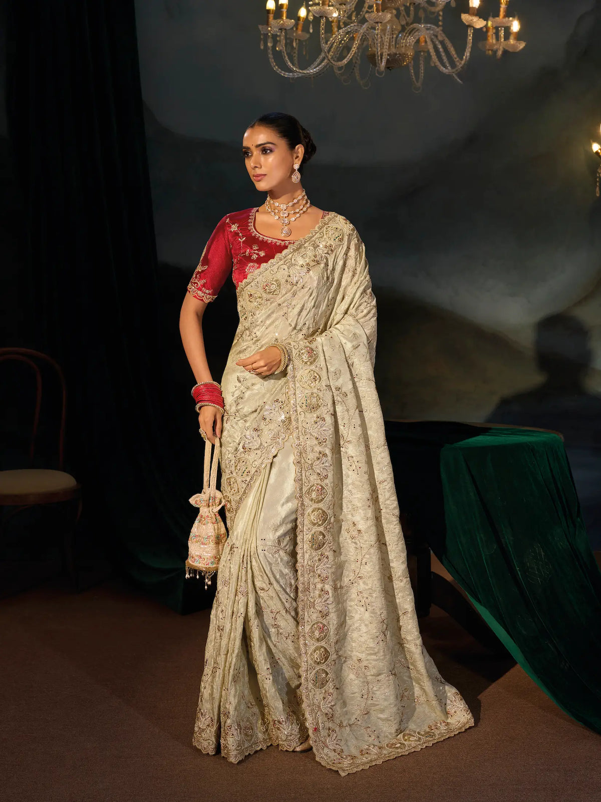 Tan Beige Silk Heavy Embroidery Saree