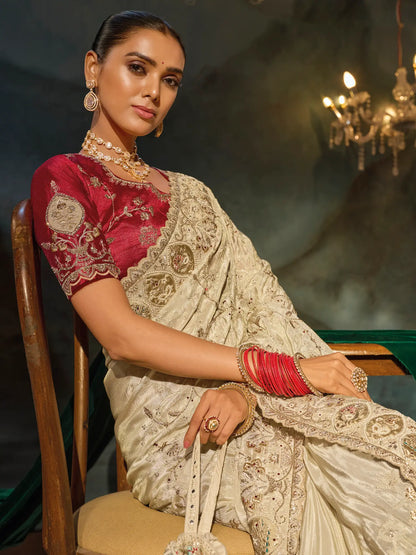 Tan Beige Silk Heavy Embroidery Saree