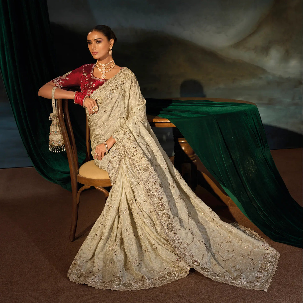 Tan Beige Silk Heavy Embroidery Saree