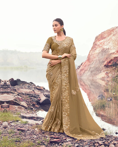 Golden Beige Silk Heavy Embroidery & Hand Work Saree