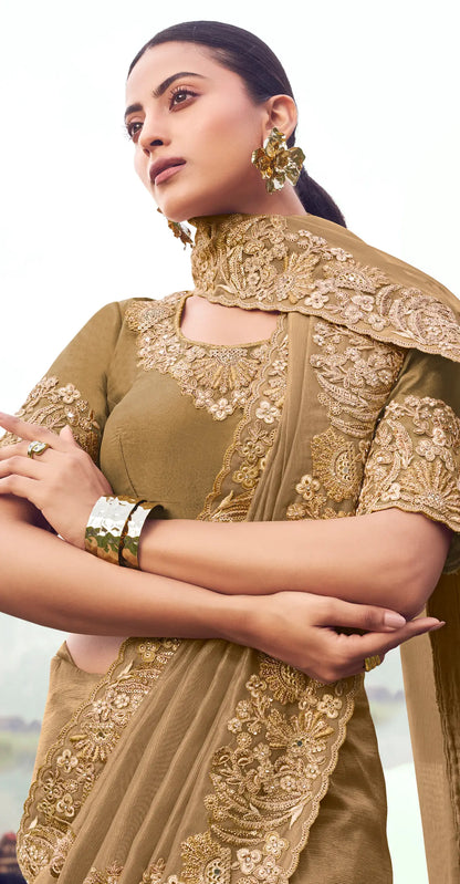 Golden Beige Silk Heavy Embroidery & Hand Work Saree