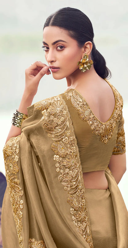 Golden Beige Silk Heavy Embroidery & Hand Work Saree