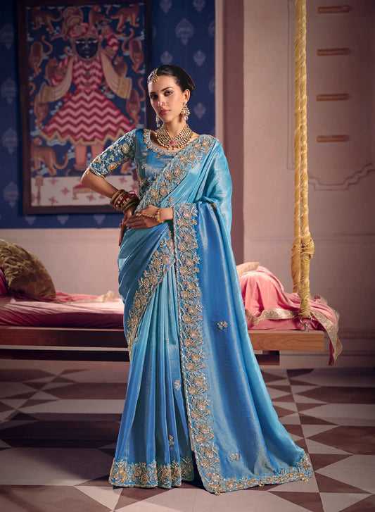 Shaded Blue Silk Heavy Embroidered Saree