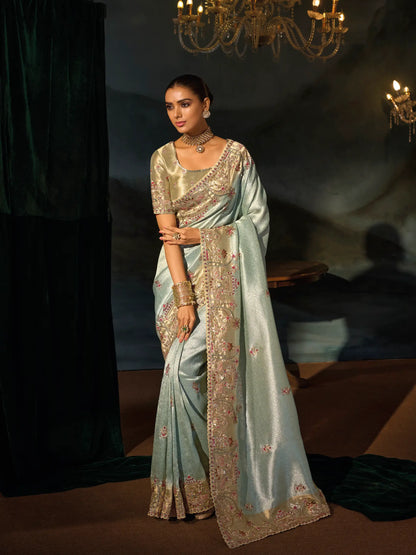 Pastel Mint Green Silk Heavy Embroidery Saree