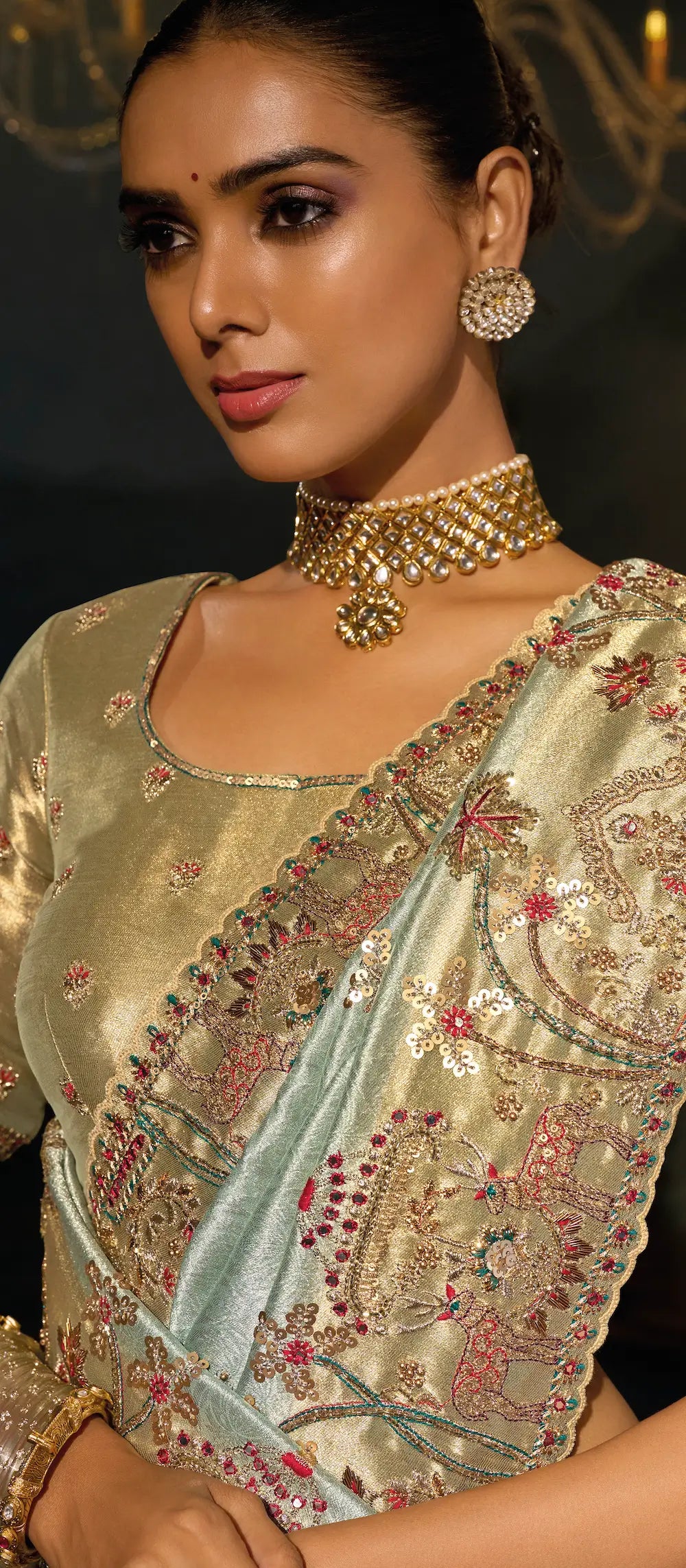 Pastel Mint Green Silk Heavy Embroidery Saree