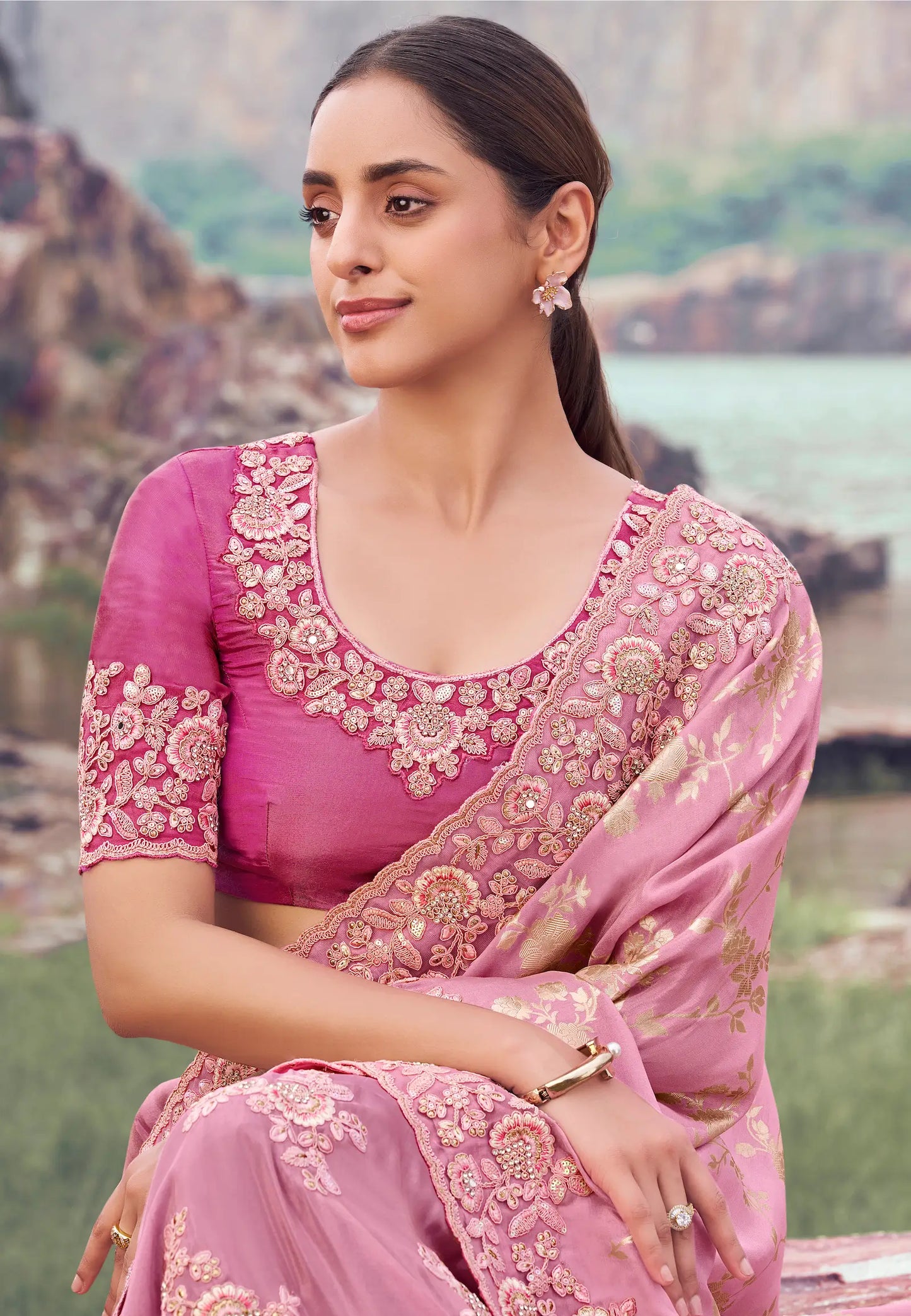 Dusty Pink Silk Heavy Embroidery & Hand Work Saree