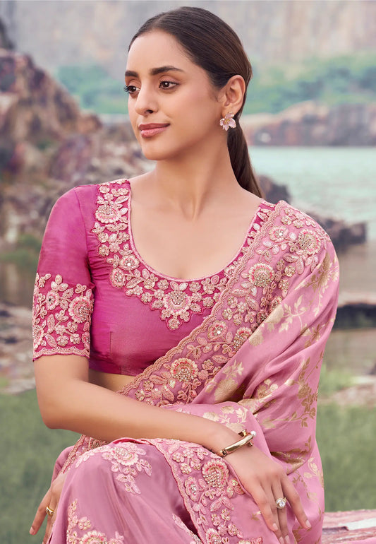 Dusty Pink Silk Heavy Embroidery & Hand Work Saree