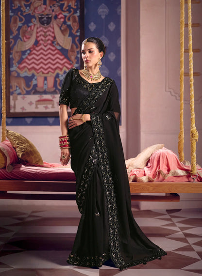 Midnight Black Silk Heavy Embroidered Saree