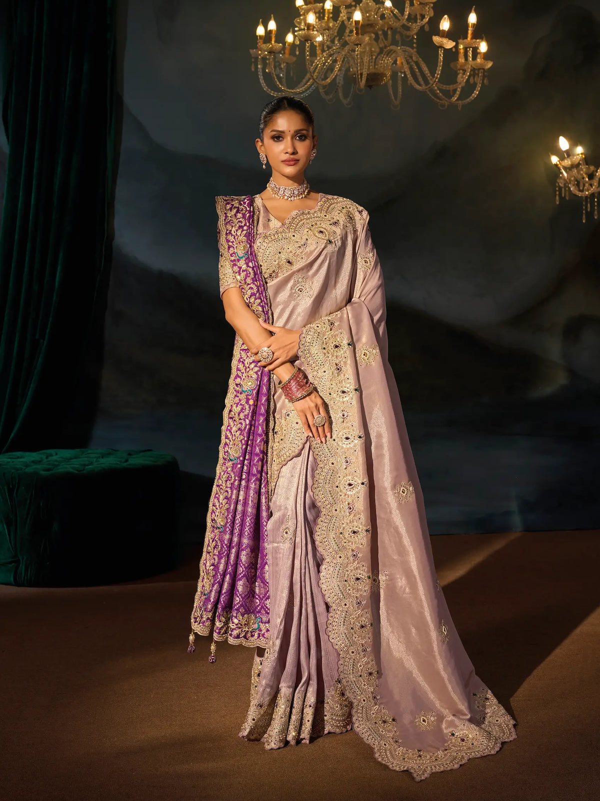 Pastel Purple Silk Heavy Embroidery Saree With Dupatta