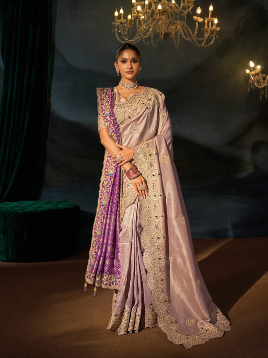 Pastel Purple Silk Heavy Embroidery Saree With Dupatta