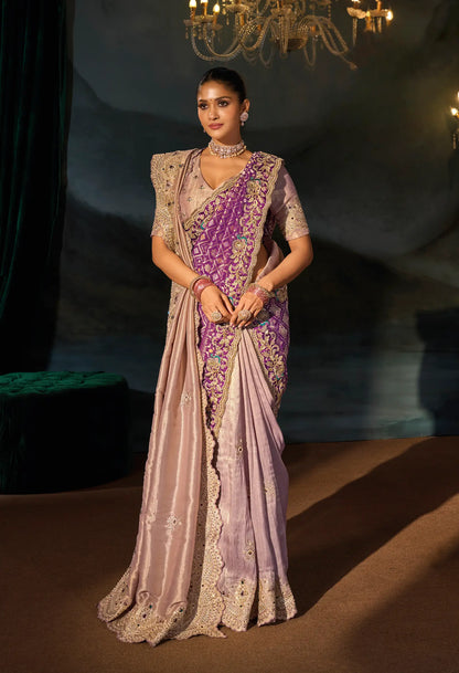 Pastel Purple Silk Heavy Embroidery Saree With Dupatta