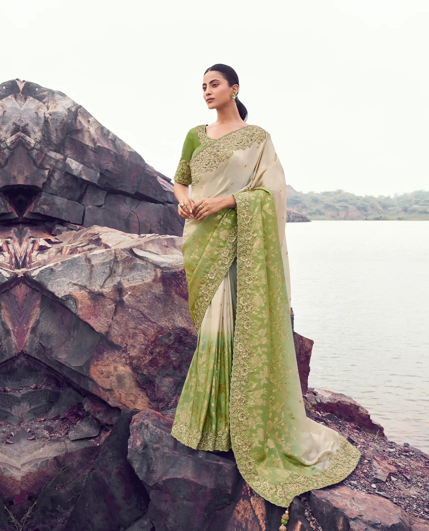 Green-Beige Silk Heavy Embroidery & Hand Work Saree