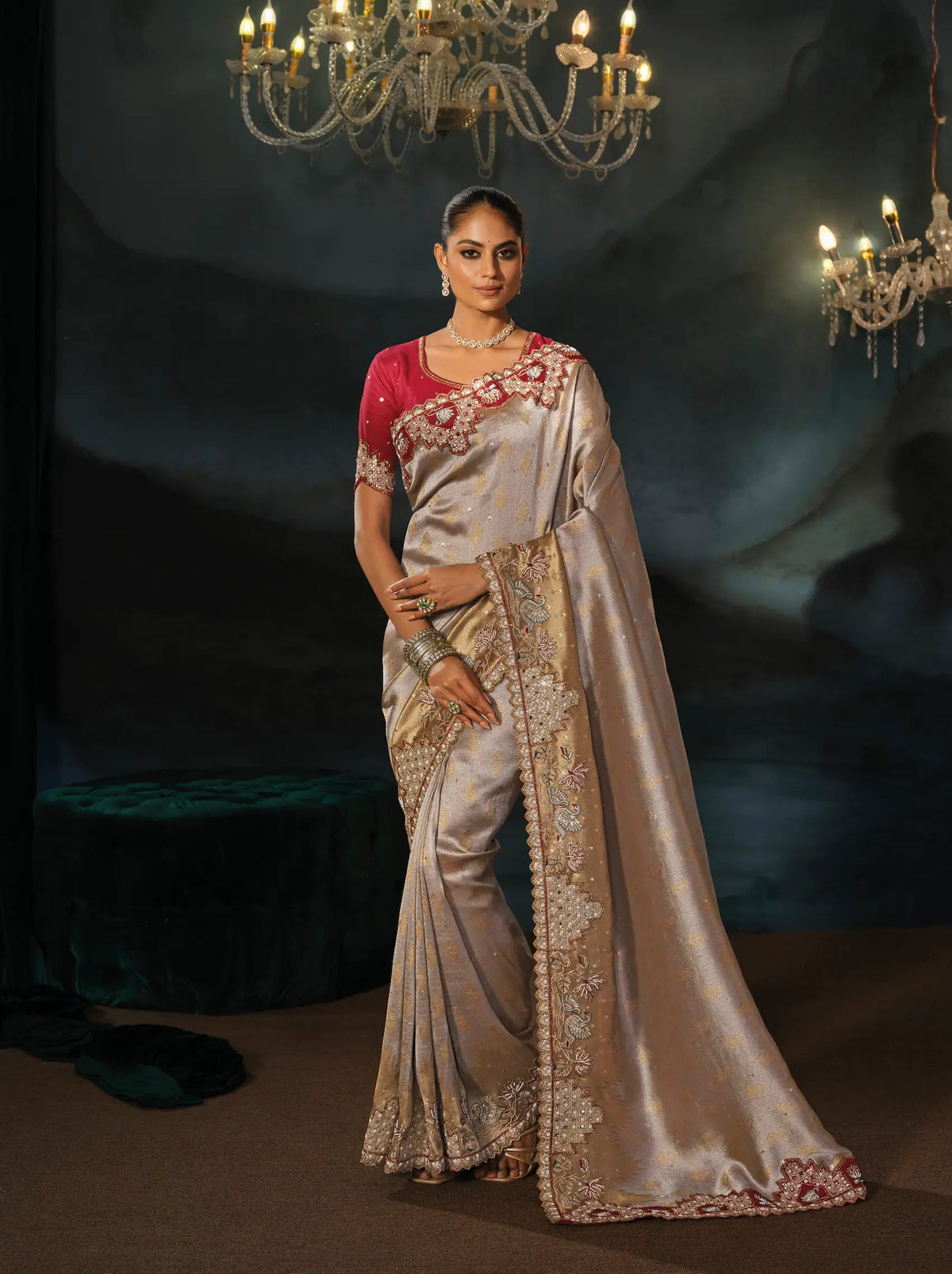 Grey-Gold Silk Heavy Embroidery Saree