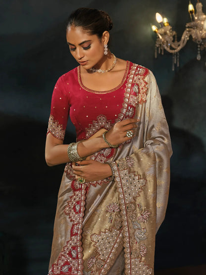 Grey-Gold Silk Heavy Embroidery Saree