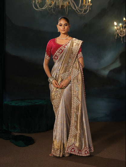 Grey-Gold Silk Heavy Embroidery Saree