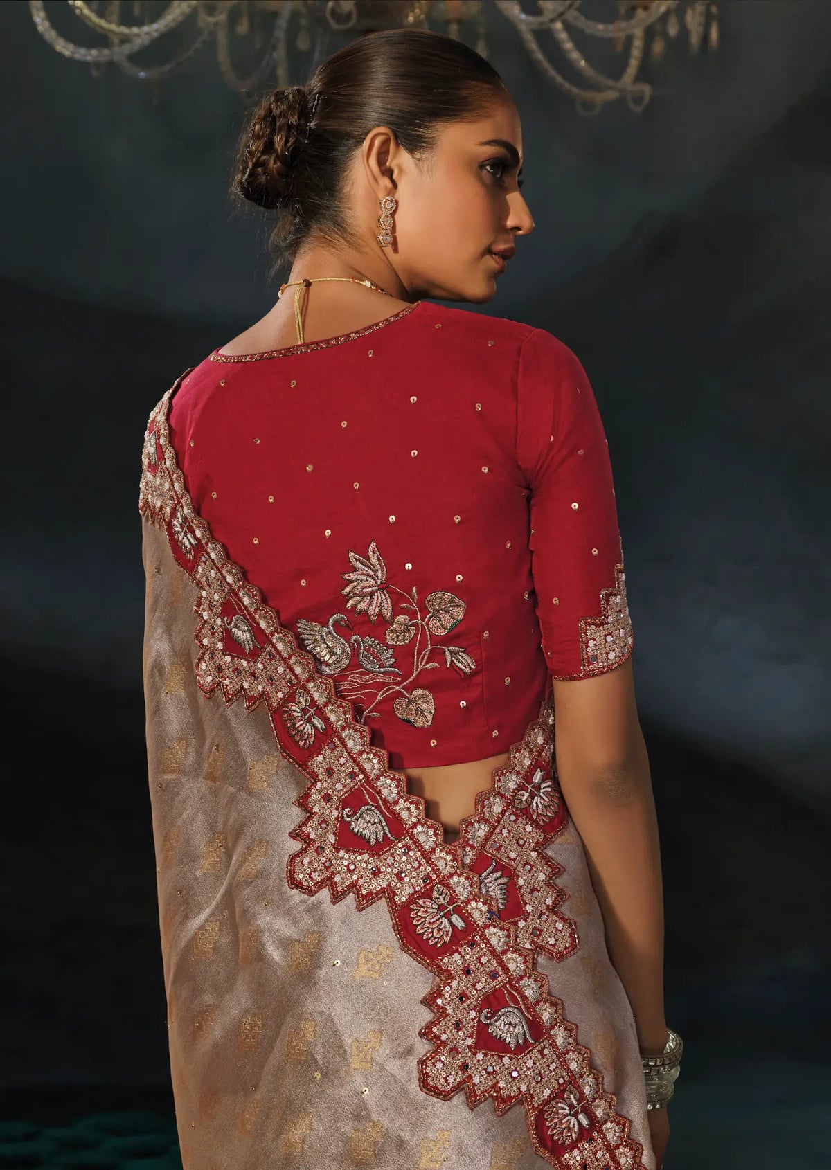 Grey-Gold Silk Heavy Embroidery Saree