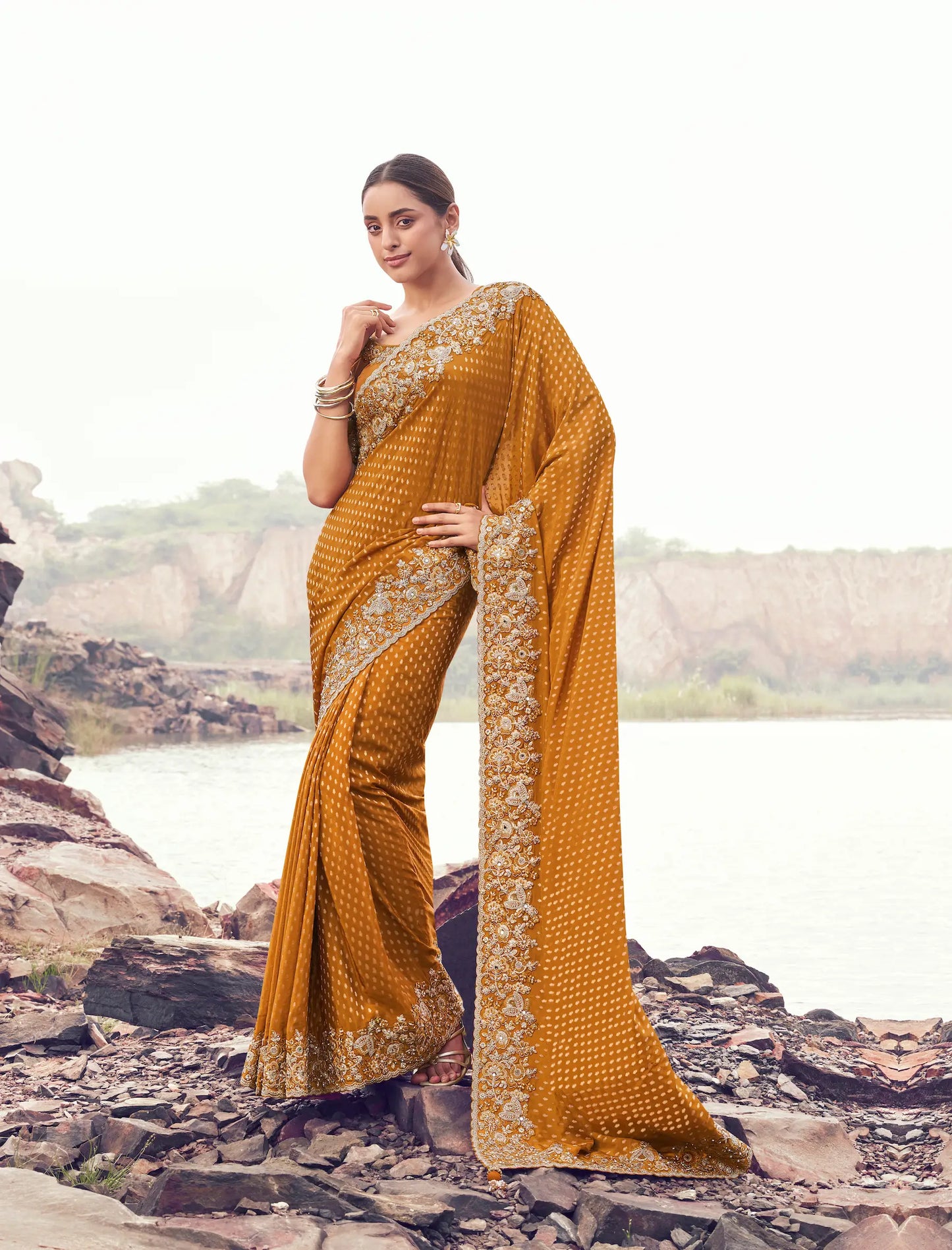 Dusty Orange Silk Heavy Embroidery & Hand Work Saree