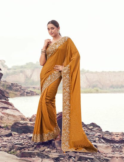 Dusty Orange Silk Heavy Embroidery & Hand Work Saree