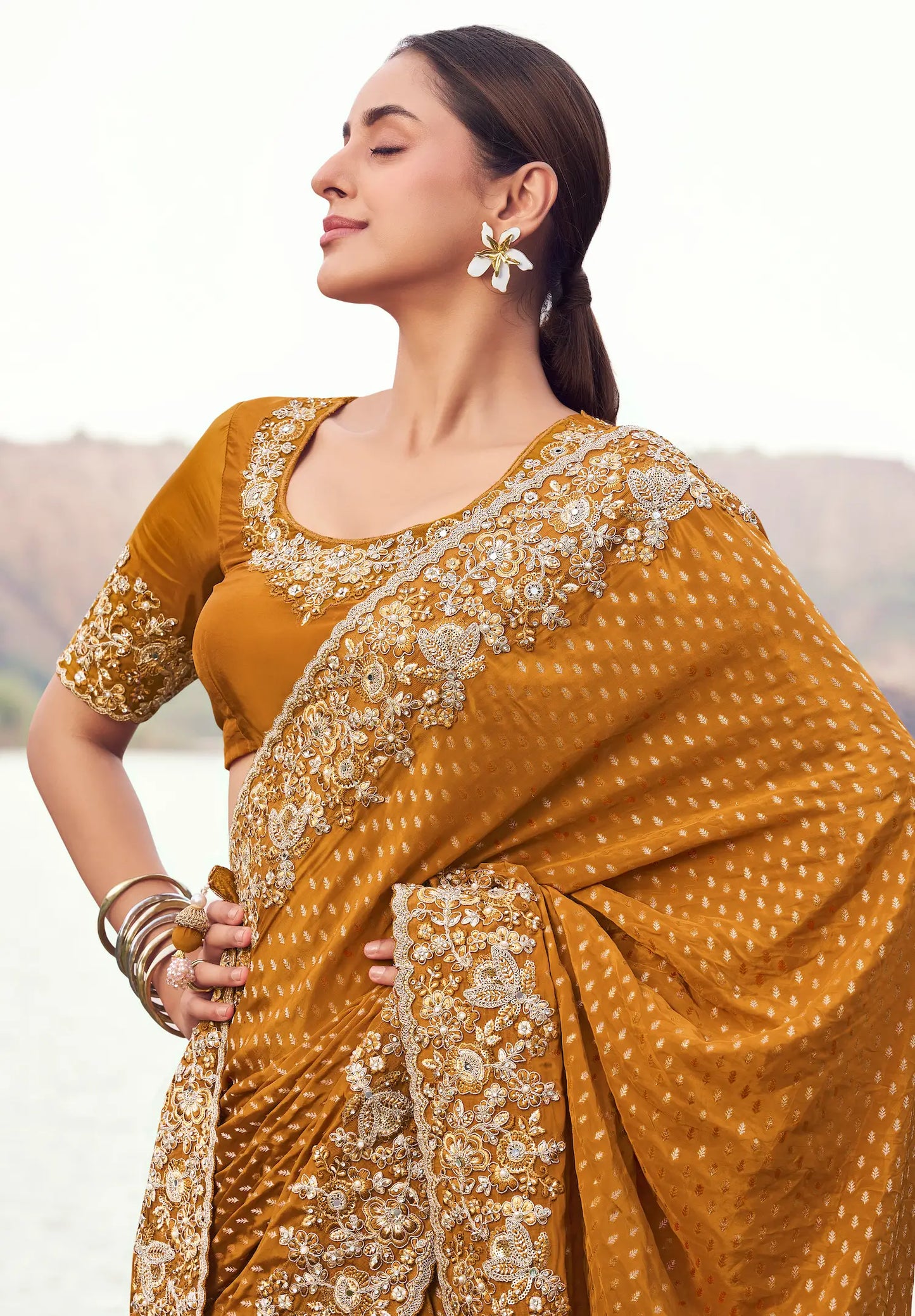 Dusty Orange Silk Heavy Embroidery & Hand Work Saree