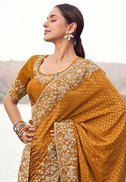 Dusty Orange Silk Heavy Embroidery & Hand Work Saree