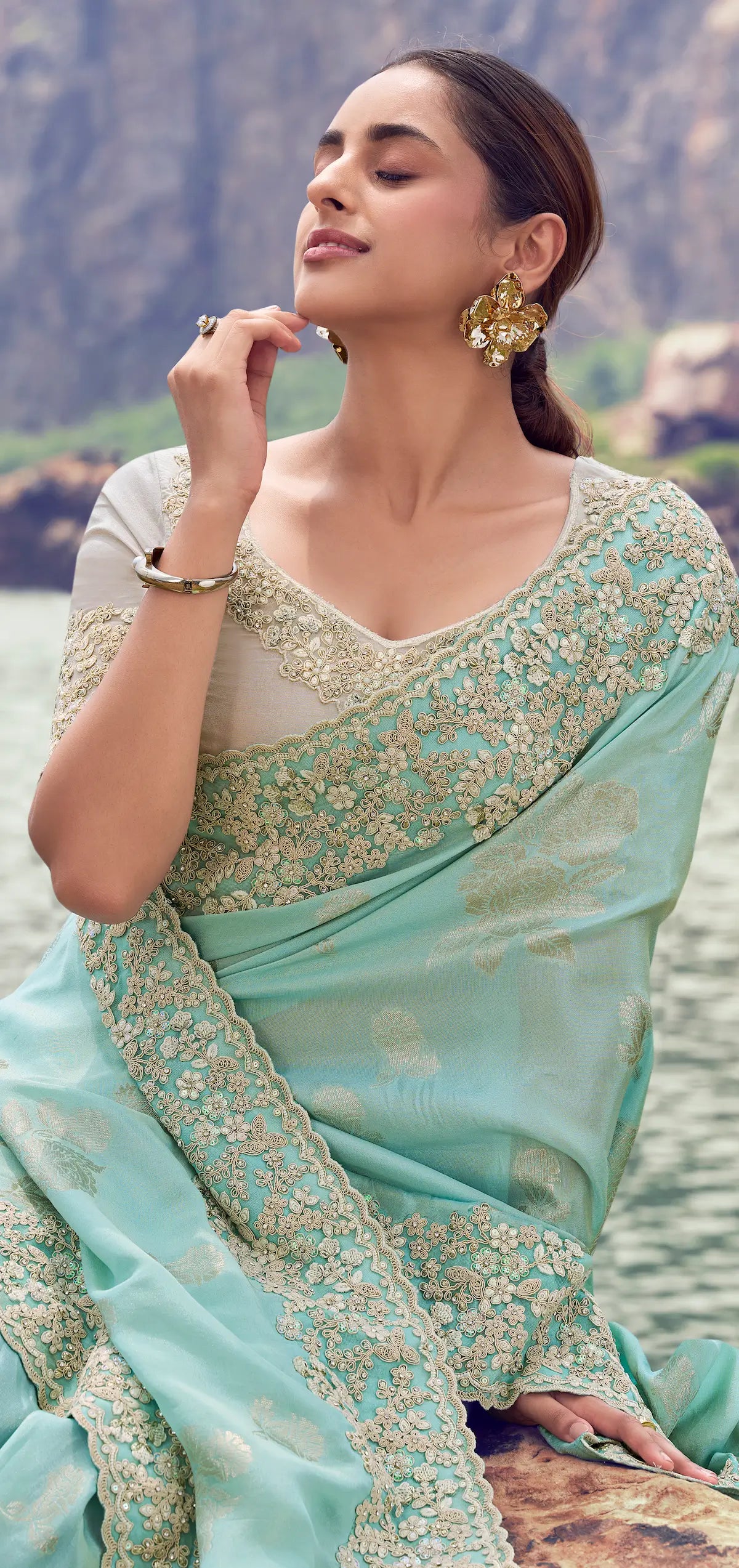 Sky Blue Silk Heavy Embroidery & Hand Work Saree