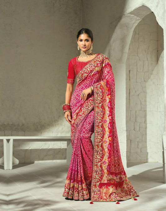 Pink Georgette Heavy Bandhej Saree