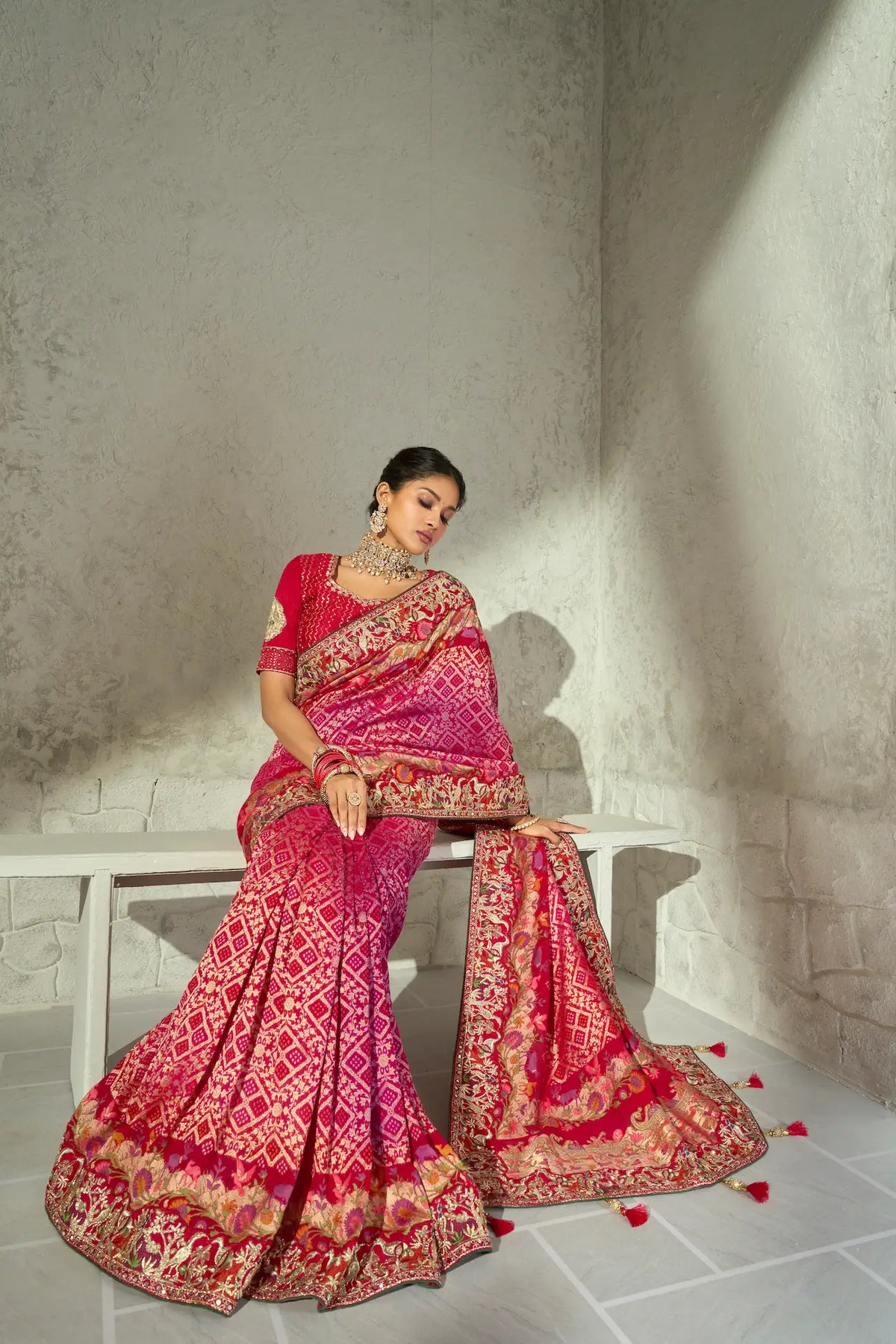 Pink Georgette Heavy Bandhej Saree