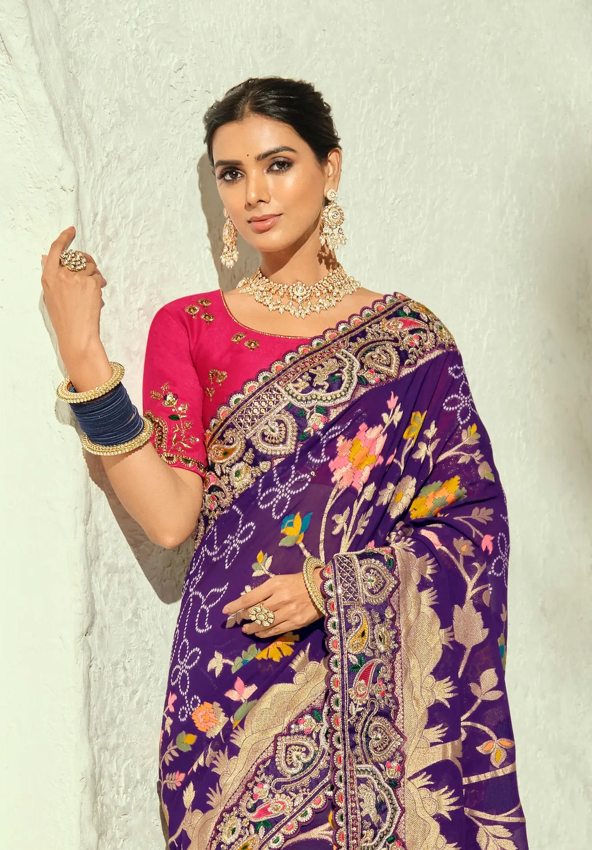 Purple Georgette Heavy Bandhej Saree