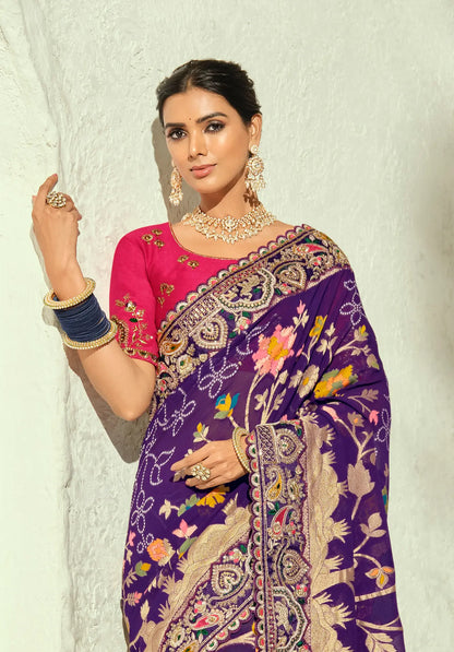 Purple Georgette Heavy Bandhej Saree