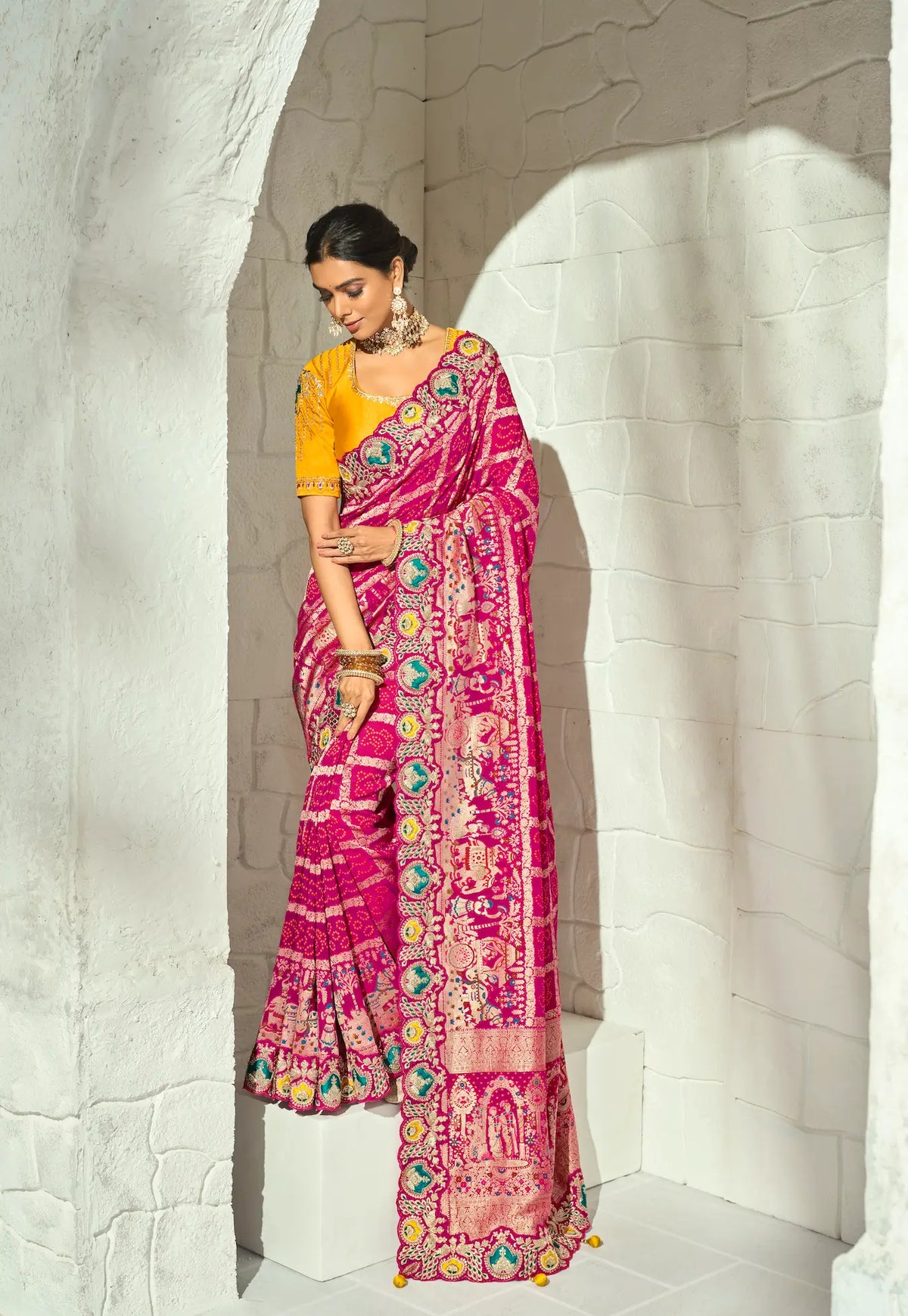 Rani Pink Georgette Heavy Bandhej Saree