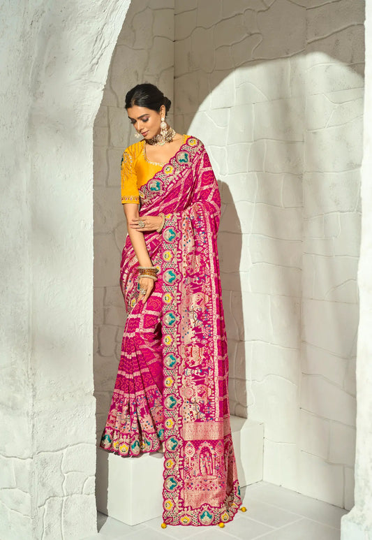 Rani Pink Georgette Heavy Bandhej Saree