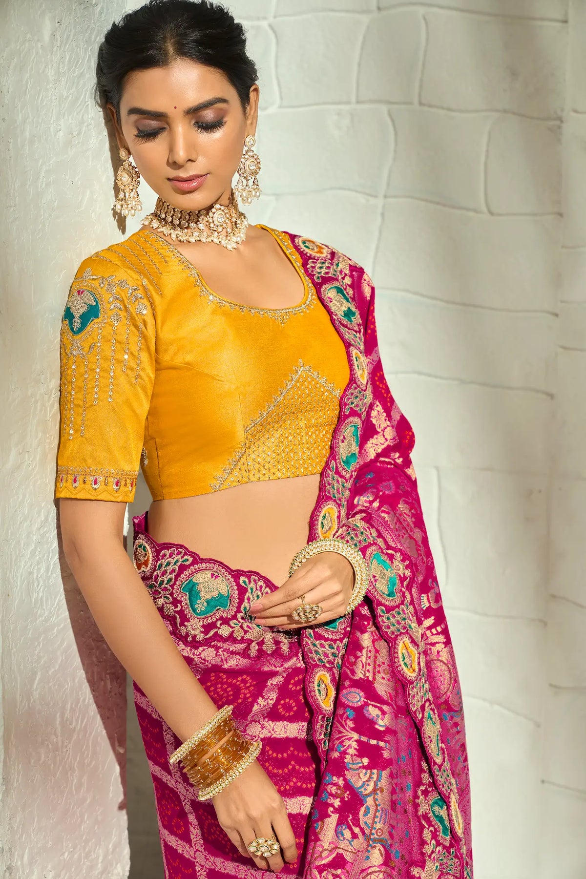 Rani Pink Georgette Heavy Bandhej Saree